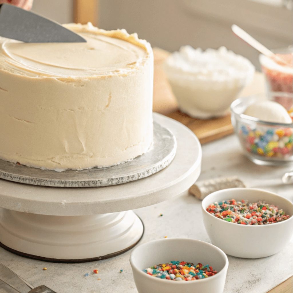 A partially frosted gender reveal cake in the process of being decorated with smooth cream to make your own gender reveal cake.