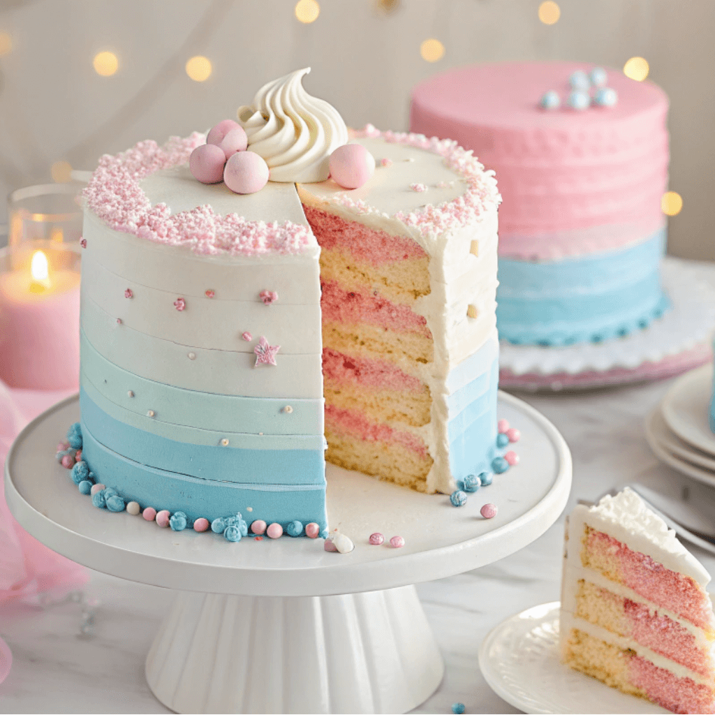 A beautifully crafted layered ombre cake for a gender reveal party, featuring shades of pink or blue. The cake is frosted with smooth cream, topped with playful sprinkles, delicate edible pearls, and a decorative topper hinting at the surprise inside. Perfect inspiration to make your own gender reveal cake, this dessert is set against a festive party backdrop with pastel decorations and soft lighting for an elegant, joyful vibe.