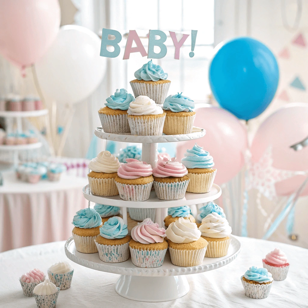 A tiered cupcake stand filled with pastel blue, pink, and white frosted cupcakes, topped with a "BABY!" sign. The setup is surrounded by colorful balloons and baby shower decorations, creating a cheerful and festive atmosphere.