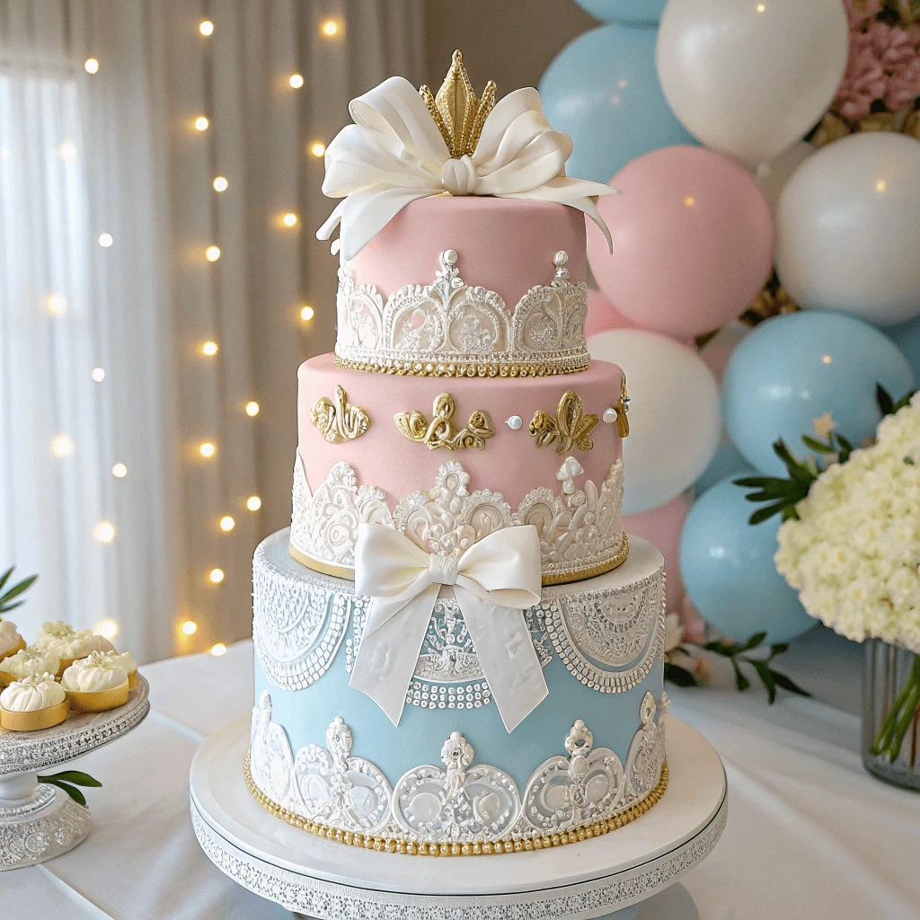 An elegant gender reveal cake featuring a sophisticated blend of pink and blue detailing, accented with intricate white lace designs and gold embellishments. A large fondant bow crowns the top of the cake, symbolizing the joyous occasion. The cake is displayed on a sleek, modern cake stand, with a soft-focus background of gold balloons and white flowers, creating a luxurious and celebratory atmosphere.