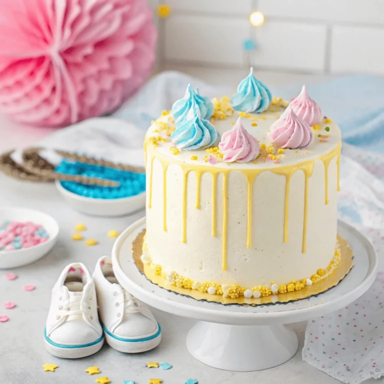 A gender reveal cake decorated with smooth white frosting, yellow drip details, and pastel pink and blue swirls on top. Yellow sprinkles surround the base, with baby shoes and colorful candy decorations in the background.