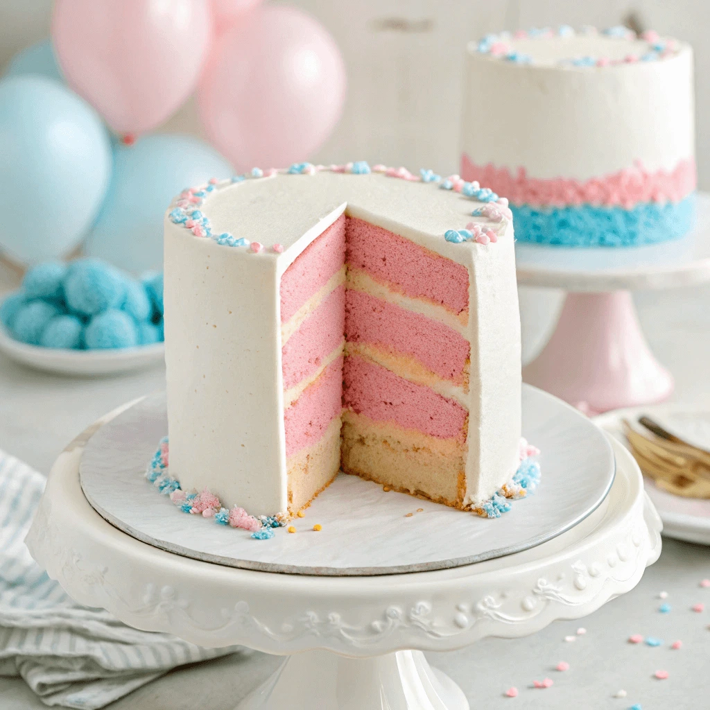 A traditional gender reveal cake with a smooth white exterior frosting, hiding vibrant pastel pink layers inside. The cake is displayed on a minimalist cake stand, with a soft-focus background of pastel balloons and confetti, creating a clean and elegant presentation for a gender reveal celebration.