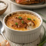 A creamy, golden-brown homemade crab brûlée garnished with fresh green onions in a white ramekin, served on a rustic wooden table.