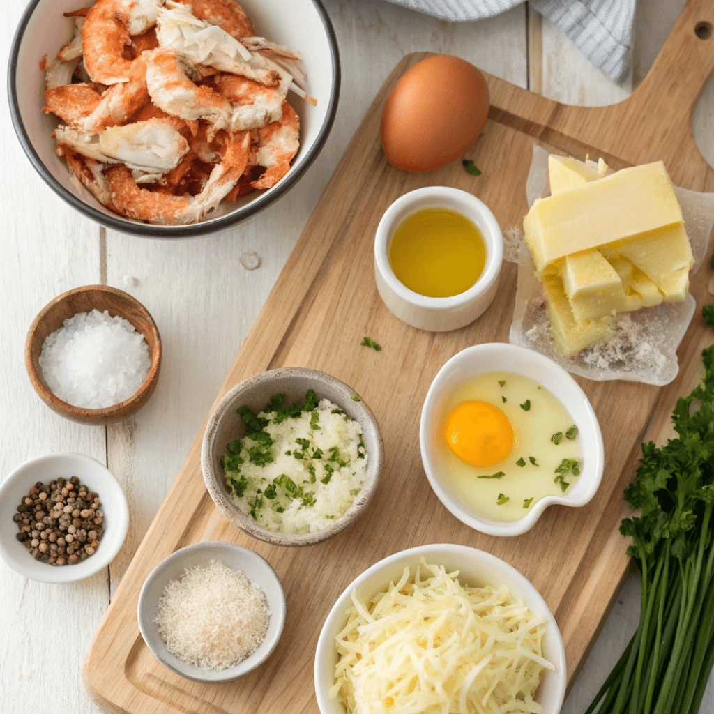 Flat lay of ingredients for homemade crab brûlée, including shredded crab meat, egg yolks, Parmesan cheese, garlic, cream, chives, sea salt, pepper, and melted butter.