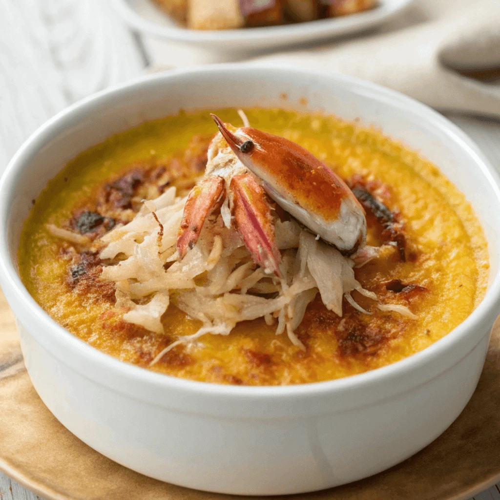 A creamy, golden-orange homemade crab brûlée topped with cooked crab meat and shredded ingredients, served in a bowl on a light wooden table.