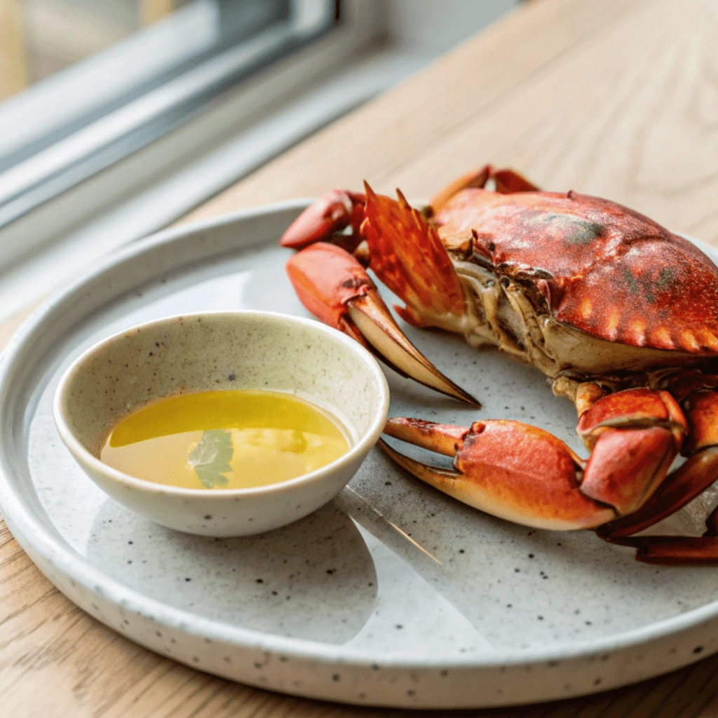A freshly caught crab in vibrant red and orange hues sits on a modern plate for Homemade Crab Brûlée, with a small bowl of melted butter on a light-colored wooden table.