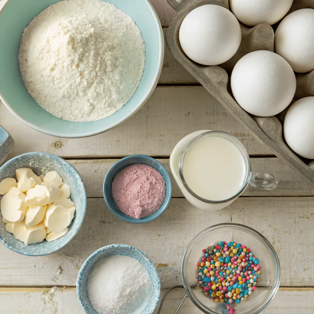Top view of neatly arranged baking ingredients for a gender reveal cake, including flour, sugar, eggs, butter, milk, and colorful sprinkles.
