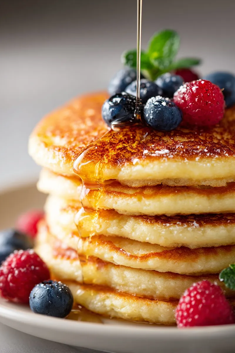 Stack of low-carb pancakes topped with fresh berries and syrup, perfect for a healthy high-protein breakfast.