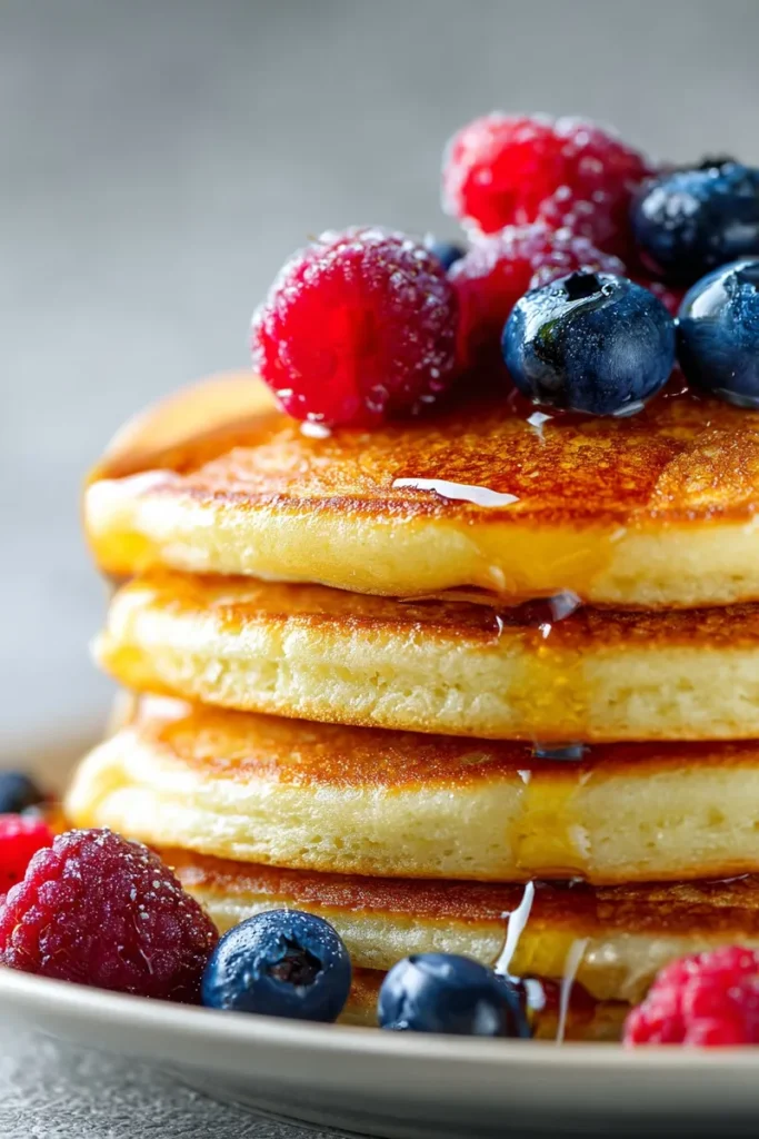 Fluffy low-carb pancakes topped with fresh berries and drizzled with syrup, perfect for a healthy breakfast.