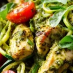 Zucchini noodles with pesto chicken, cherry tomatoes, and fresh basil in a bowl