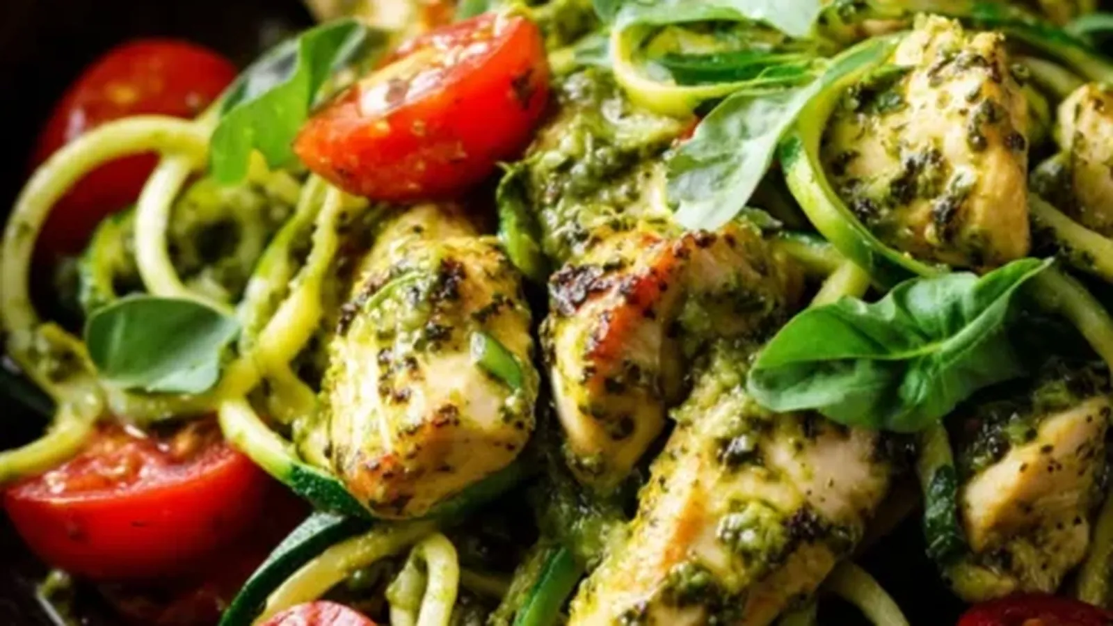 Zucchini noodles with pesto chicken, cherry tomatoes, and fresh basil in a bowl