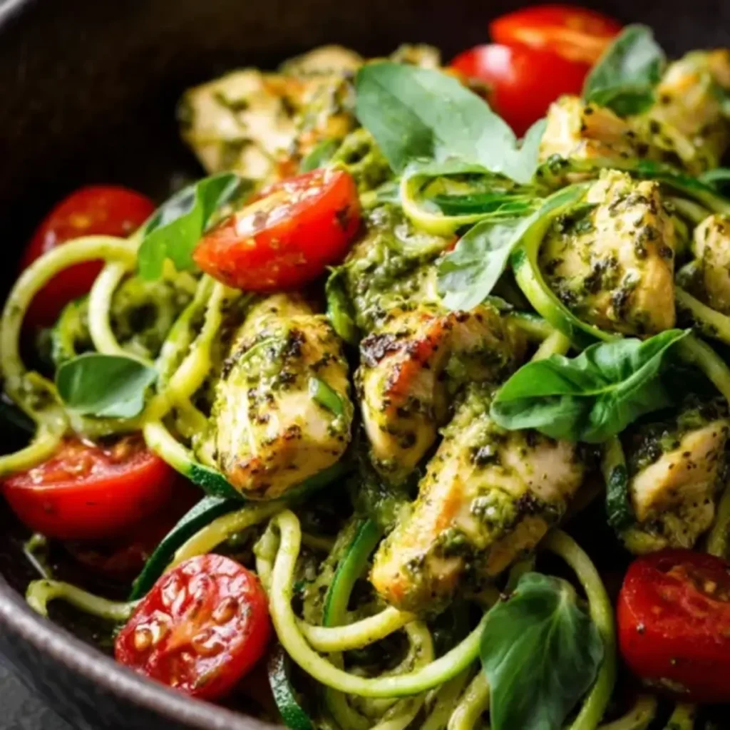 Zucchini noodles with pesto chicken, cherry tomatoes, and fresh basil served in a bowl