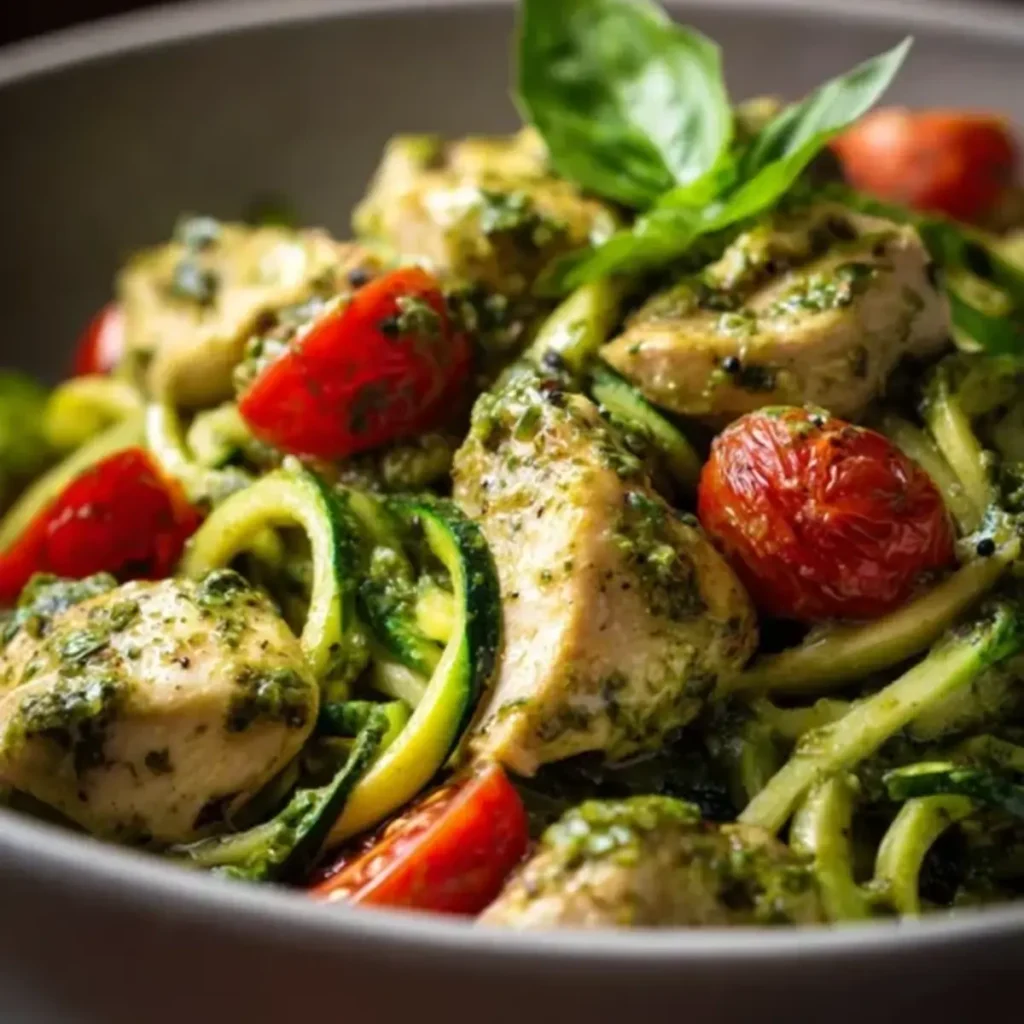 Zucchini noodles with pesto chicken, roasted cherry tomatoes, and fresh basil in a bowl