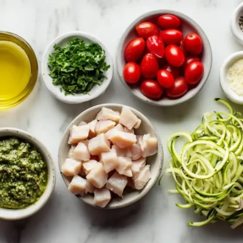Ingredients for zucchini pesto chicken including zucchini noodles, chicken, pesto, cherry tomatoes, olive oil, and herbs